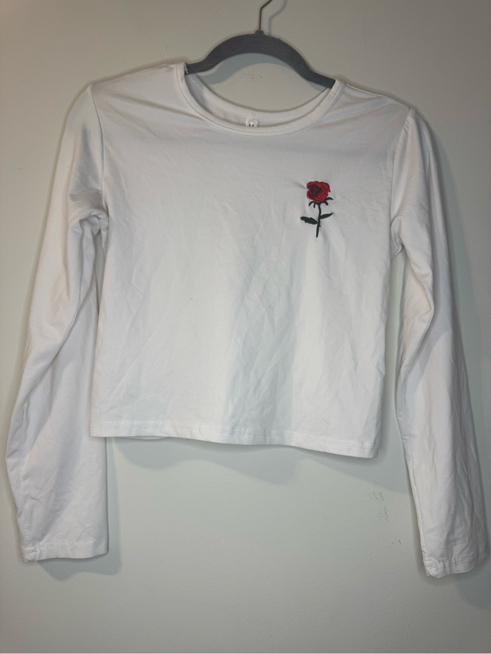 White Cropped Long Sleeve Rose Embroidered Top Womens M Y2K Fairy Grunge
